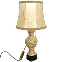 Vintage Resin Chinese Style Pedestal Desktop Bedside Lamp & Leather Lampshade Wood Wooden c1960-70's