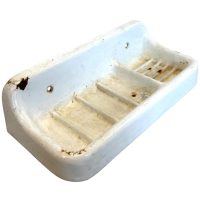 Vintage French Heavy Iron White Enamel Bathroom Kitchen Soap Dish Container Wall Mounted Or Self Standing c1950's