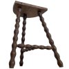 Vintage French Tripod Stool Chair Seat Wooden Milking Kitchen D Shaped Seat Braced Bobbin Leg Rest Stand Plinth Tabouret c1960-70's