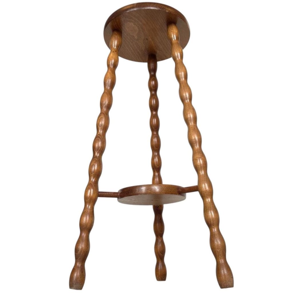 Vintage French Tripod Double Plant Stand Wooden Round Shaped Side Table Braced Bobbin Leg Rest Plinth Tabouret c1960-70's