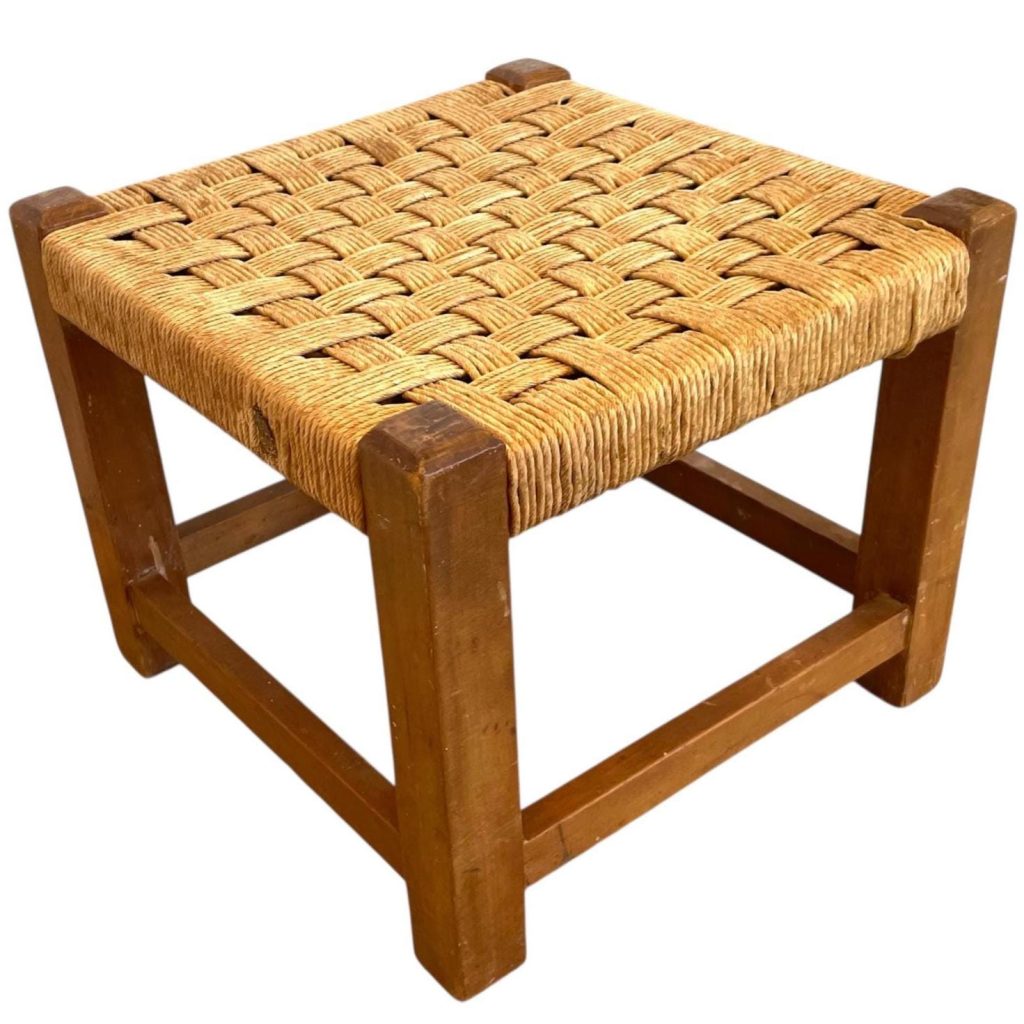 Vintage French Woven Raffia Topped Square Shaped Tripod Stool Chair Seat Wooden Seat Braced Leg Rest Stand Plinth Tabouret c1970's