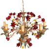 Vintage French Toleware Style Chandelier Red Rose Flower Shaped Wall Ceiling Electric Pendant Lamp Light Lighting Shabby Chic c1980's