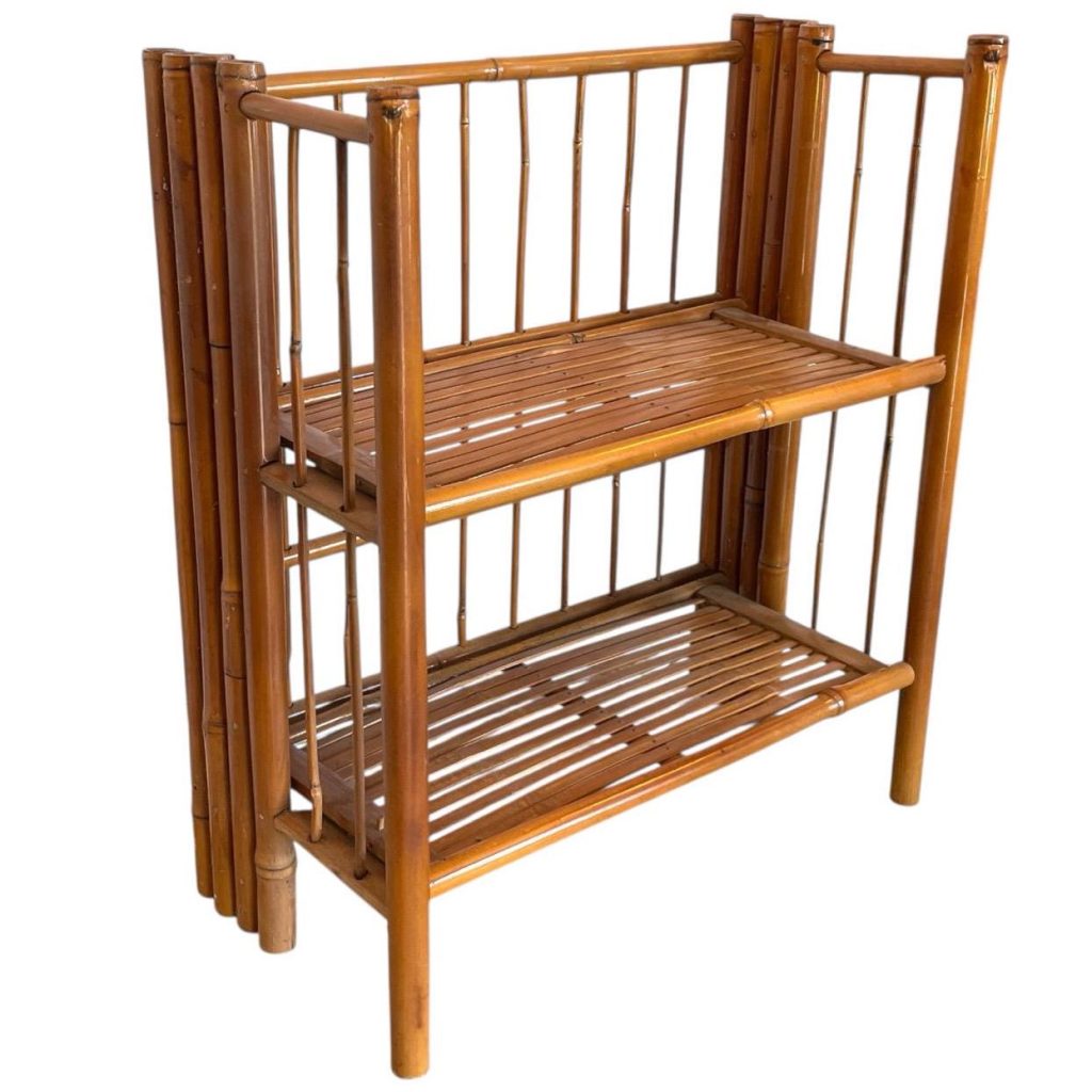 Vintage French Folding Canework Bamboo Side Table Plant Stand Wooden Square Shaped Double Shelf Rest Plinth Tabouret c1970-80's