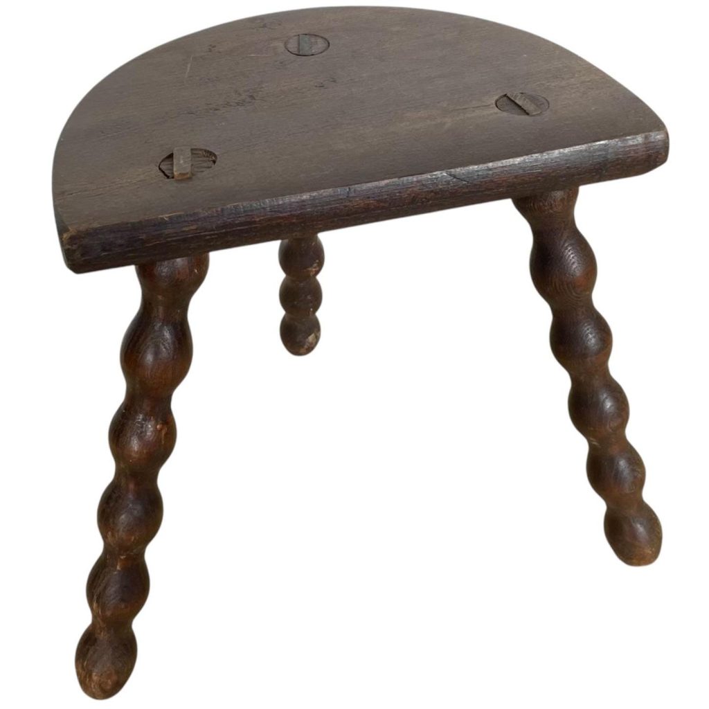 Vintage French D Seat Small Stool Table Wooden Wood Chair Seat Side Stand Flower Pot Display Shelf Bobbin Leg Tabouret Worn c1950-60's