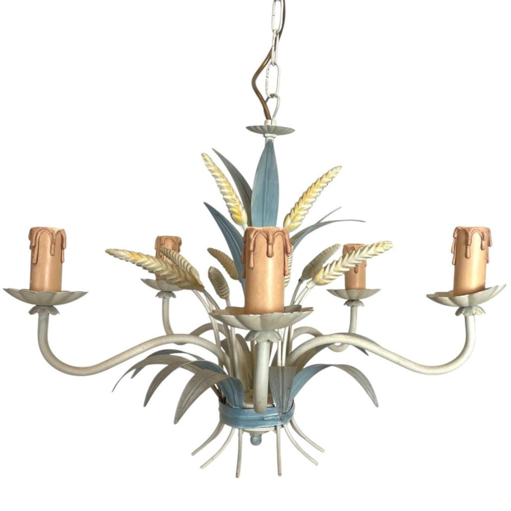 Vintage French Toleware Style Metal Wheat Stem Flower Shaped Wall Ceiling Electric Pendant Lamp Light Lighting Shabby Chic c1970-80's