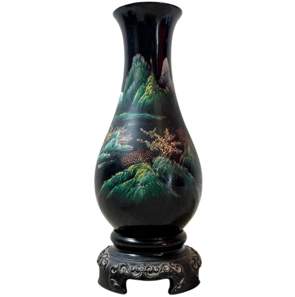 Vintage Chinese Black Resin Small Hand Painted Vase Pot Ornament Figurine Prop Display c1970-80's