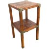 Vintage French Canework Bamboo Side Table Plant Stand Wooden Square Shaped Double Shelf Rest Plinth Tabouret c1970's