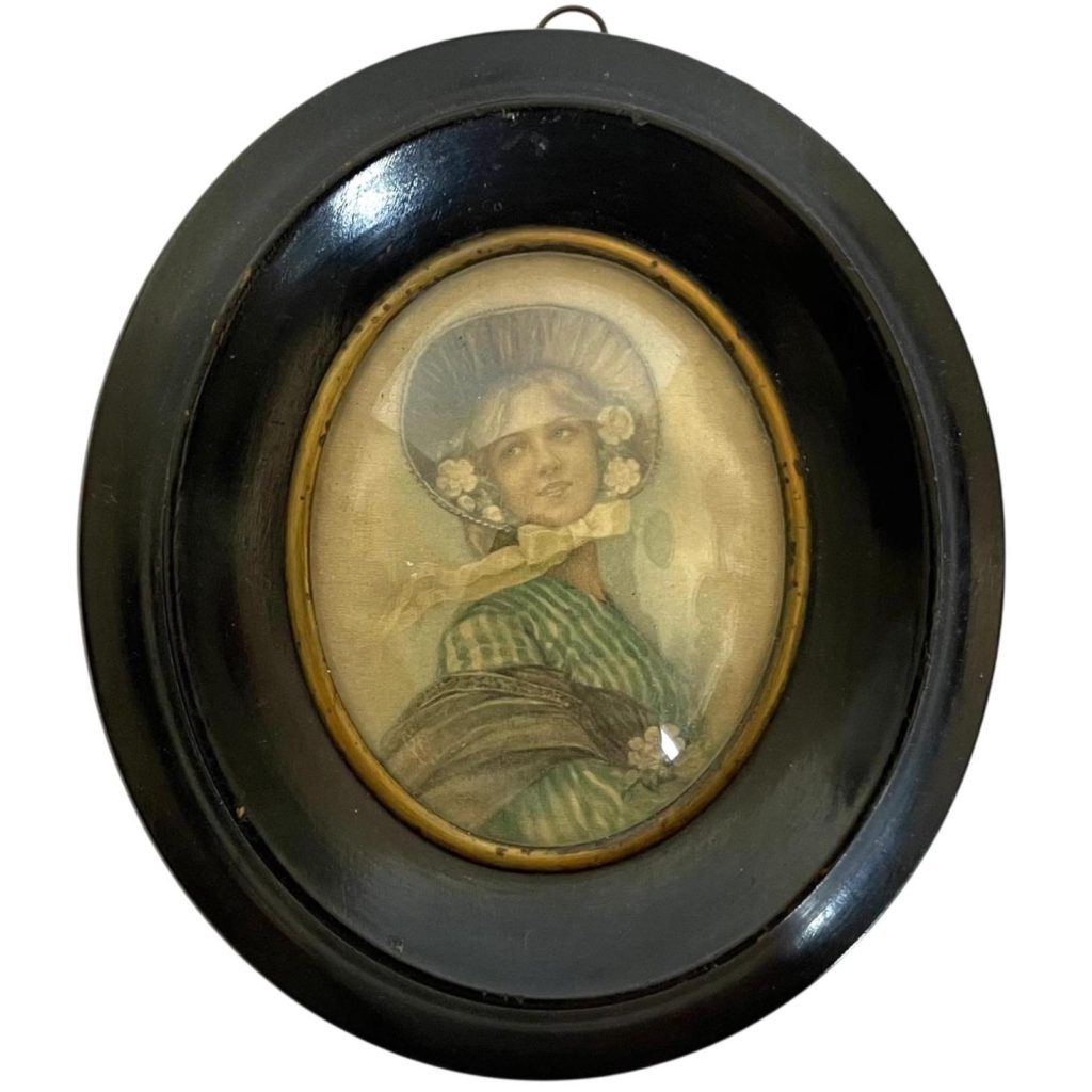 Antique French Miniature Framed Print On Fabric Young Lady In Bonnet In Black Frame Wall Decor c1910's