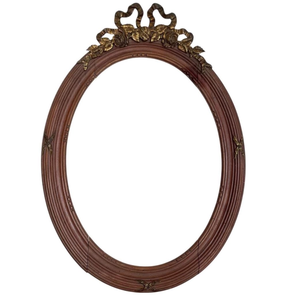 Antique French Oval Wooden Picture Frame With Brass Finial Wood Metal Ornate Decorative Circular c1910's