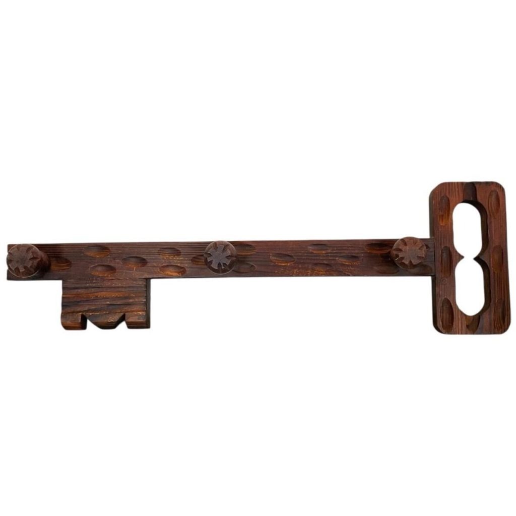 Vintage French Wood Wooden Three Knob Key Shaped Coat Rack Hook Hooks Storage Door Wall Hanging Shabby Chic Rustic Rural c1970's