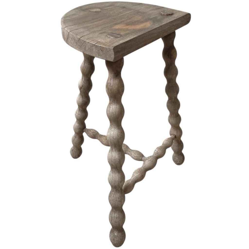 Vintage French Tripod Stool Chair Seat Wooden Milking Kitchen D Shaped Seat Braced Bobbin Leg Rest Stand Plinth Tabouret c1960-70's