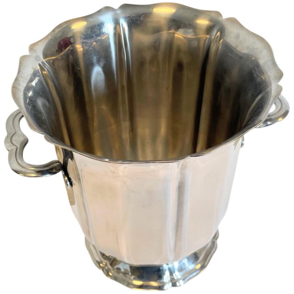 Vintage French De Guy Degrenne Silver Metal Champagne Wine Ice Bucket Cooler Display Stand Pot Bear Handled Tarnish Patina c2000
