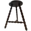 Vintage French Stool Plant Stand Plinth Wooden Round Shaped Seat Braced Bobbin Leg Tabouret c1960's