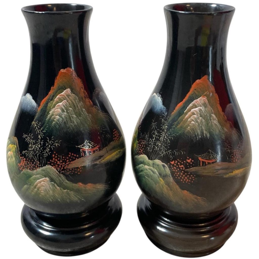 Vintage Chinese Black Resin Small Hand Painted Vase Pot Ornament Figurine Prop Display c1970-80's