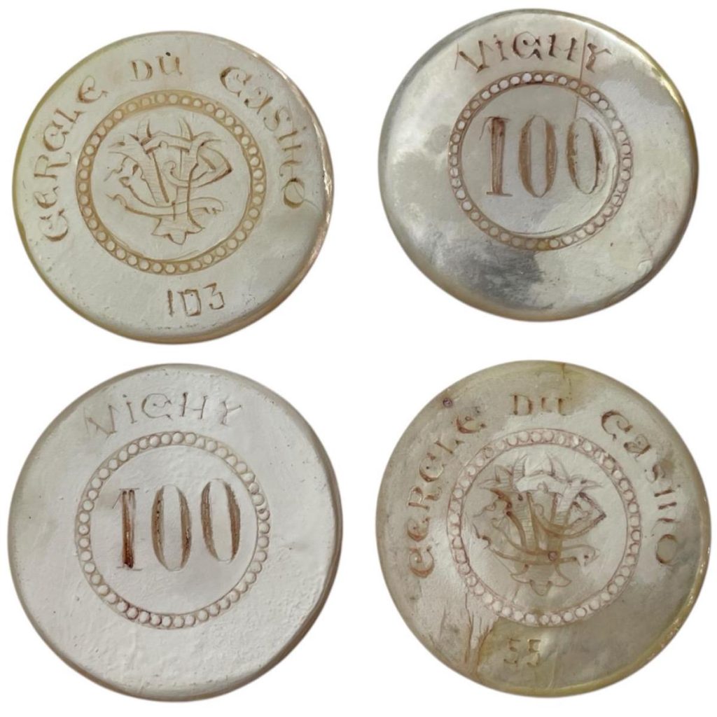 Antique French Vichy Numbered Worn Circular Shaped Mother Of Pearl 100 Gaming Chips Counters Tokens Hand Made c1910's