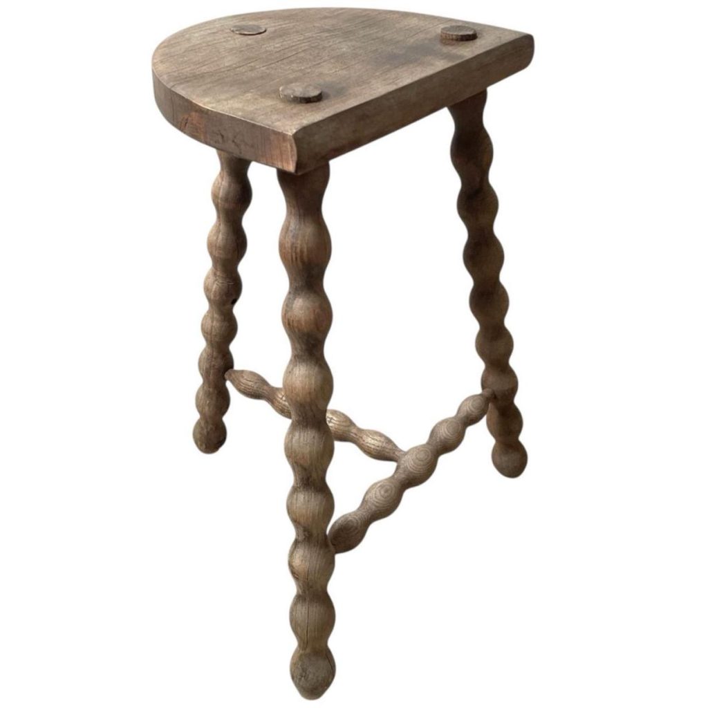 Vintage French Tripod Stool Chair Seat Wooden Milking Kitchen D Shaped Seat Braced Bobbin Leg Rest Stand Plinth Tabouret c1960-70's
