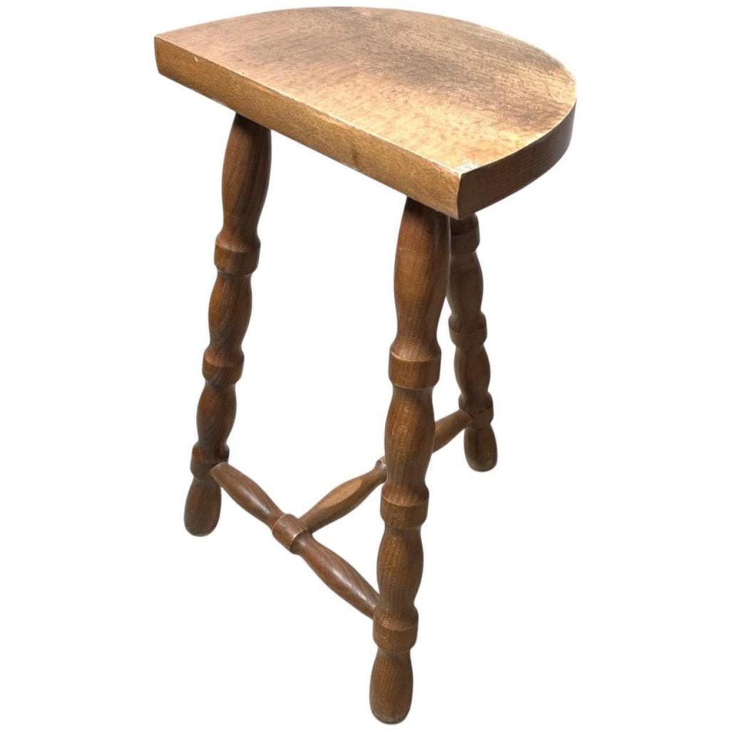 Vintage French Tripod Stool Chair Seat Wooden Milking Kitchen D Shaped Seat Braced Bobbin Leg Rest Stand Plinth Tabouret c1960-70's