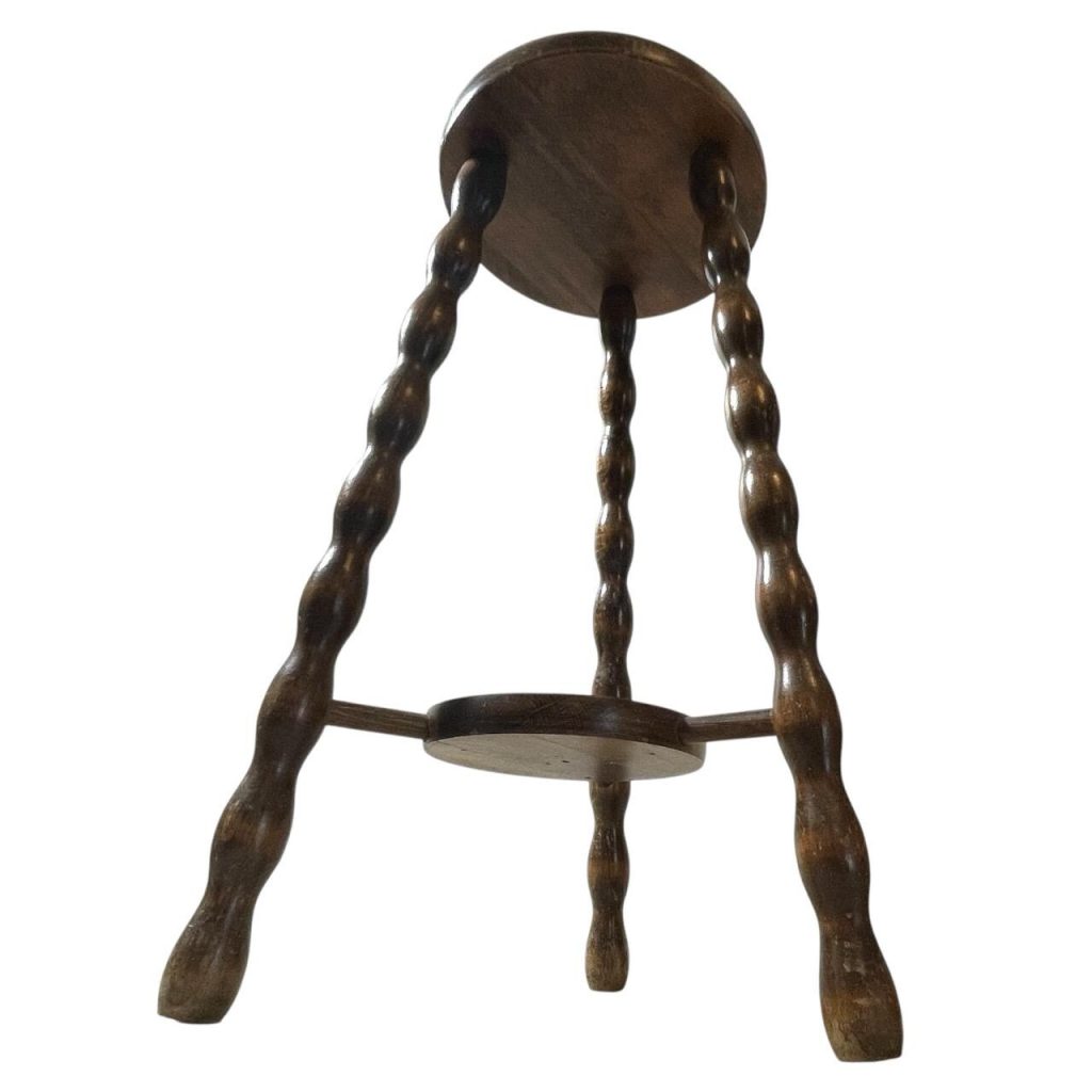 Vintage French Tall Breton Style Stool Seat Wood Kitchen Round Shaped Seat Braced Bobbin Leg Plant Rest Stand Plinth Tabouret c1960's