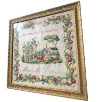 Antique French Framed Glass Fronted Cross Stitch Tapestry Wall Hanging Picture The Fox & Grapes Gift Present Art Craft c1922 / EVE