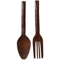 Vintage Filipino Carved Wood Wooden Large Decorative Spoon And Fork Cutlery Wall Kitchen Decor Display c1970-80's / EVE