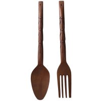 Vintage Filipino Carved Wood Wooden Large Decorative Spoon And Fork Cutlery Wall Kitchen Decor Display c1970-80's / EVE