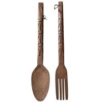 Vintage Filipino Carved Wood Wooden Large Decorative Spoon And Fork Cutlery Wall Kitchen Decor Display c1970-80's / EVE