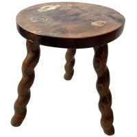 Vintage French Tripod Stool Chair Varnished Wood Milking Round Seat Twist Spiral Leg Rest Stand Plinth Tabouret c1960's / EVE