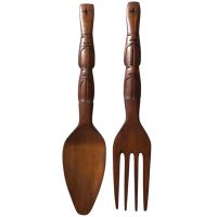 Vintage Filipino Carved Wood Wooden Large Decorative Spoon And Fork Cutlery Wall Kitchen Decor Display c1970-80's / EVE