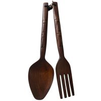 Vintage Filipino Carved Wood Wooden Large Decorative Spoon And Fork Cutlery Wall Kitchen Decor Display c1970-80's / EVE