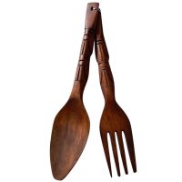 Vintage Filipino Carved Wood Wooden Large Decorative Spoon And Fork Cutlery Wall Kitchen Decor Display c1970-80's / EVE