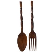 Vintage Filipino Carved Wood Wooden Large Decorative Spoon And Fork Cutlery Wall Kitchen Decor Display c1970-80's / EVE