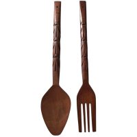 Vintage Filipino Carved Wood Wooden Large Decorative Spoon And Fork Cutlery Wall Kitchen Decor Display c1970-80's / EVE