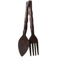 Vintage Filipino Carved Wood Wooden Large Decorative Spoon And Fork Cutlery Wall Kitchen Decor Display c1970-80's / EVE
