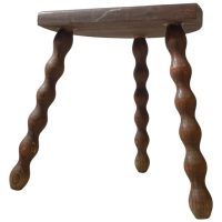 Vintage French Tripod Stool Chair Seat Varnished Wood Milking D Shaped Seat Bobbin Leg Rest Stand Plinth Tabouret Farmhouse c1960-70's / EVE