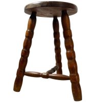 Vintage French Tripod Stool Chair Seat Wooden Milking Kitchen Round Shaped Seat Braced Bobbin Leg Stand Plinth Tabouret c1960-70's / EVE