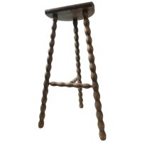 Vintage Stool French Tall Wooden Wood Bar Chair Seat Kitchen Table Farm D Shaped Seat Braced Tabouret c1960-70's / EVE