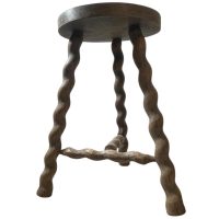 Vintage French Tripod Braced Stool Chair Varnished Wood Milking Round Seat Twist Spiral Leg Rest Stand Plinth Tabouret c1960's / EVE