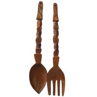 Vintage Filipino Carved Wood Wooden Giant Large Decorative Spoon And Fork Cutlery Wall Kitchen Decor Display c1970-80's / EVE