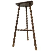 Vintage Stool French Tall Wooden Wood Bar Chair Seat Kitchen Table Farm D Shaped Seat Braced Tabouret c1960-70's / EVE