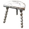 Vintage French Bobbin Leg Stool Distressed White Paint Finish Chair Wooden Shabby Chic Table Tabouret Half Moon Seat Top c1950's / EVE