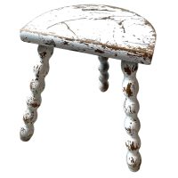 Vintage French Bobbin Leg Stool Distressed White Paint Finish Chair Wooden Shabby Chic Table Tabouret Half Moon Seat Top c1950's / EVE