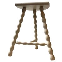 Vintage French Bobbin Stool Light Grey Painted Chair Wooden Kitchen Shabby Chic Table Tabouret Half Moon Seat Top Plinth c1950's / EVE