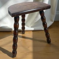 Vintage French Wooden Tripod Bobbin Leg Milking Stool Chair Seat Table Farm D Shaped Seat Plant Rest Stand Plinth Tabouret c1970's / EVE