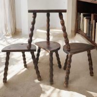 Vintage French Tripod Stool Chair Seat Varnished Wood Milking D Shaped Seat Bobbin Leg Rest Stand Plinth Tabouret Farmhouse c1960-70's / EVE