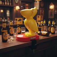 Vintage French Pelforth Beer Promotional Heavy Yellow Pelican Statuette with Table Clamp Beer Bottle Opener circa 1980-90's / EVE