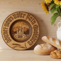 Vintage French Carved and Pyrography Wooden Bread Plate Plaque Depicting Lourdes Sanctuary and Prayer c1960's / EVE