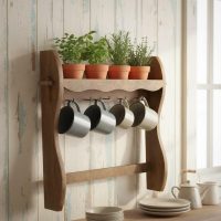 Vintage French Wooden Kitchen Rack with 5 Hooks for Hanging Cups or Utensils circa 1970's / EVE