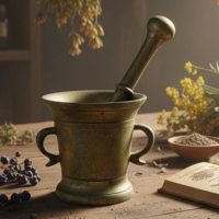 Antique French Heavy Brass Mortar and Pestle with Two Handles circa 1900's / EVE