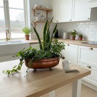 Vintage French Copper Planter with Delft Style Ceramic Handles and Paw Feet Decor Display c1960's / EVE