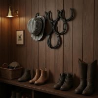 Vintage French Handmade Black Wall Rack Six Used Horseshoes Hooks Storage Door Wall Hanging Shabby Chic Rustic Rural c1970's / EVE